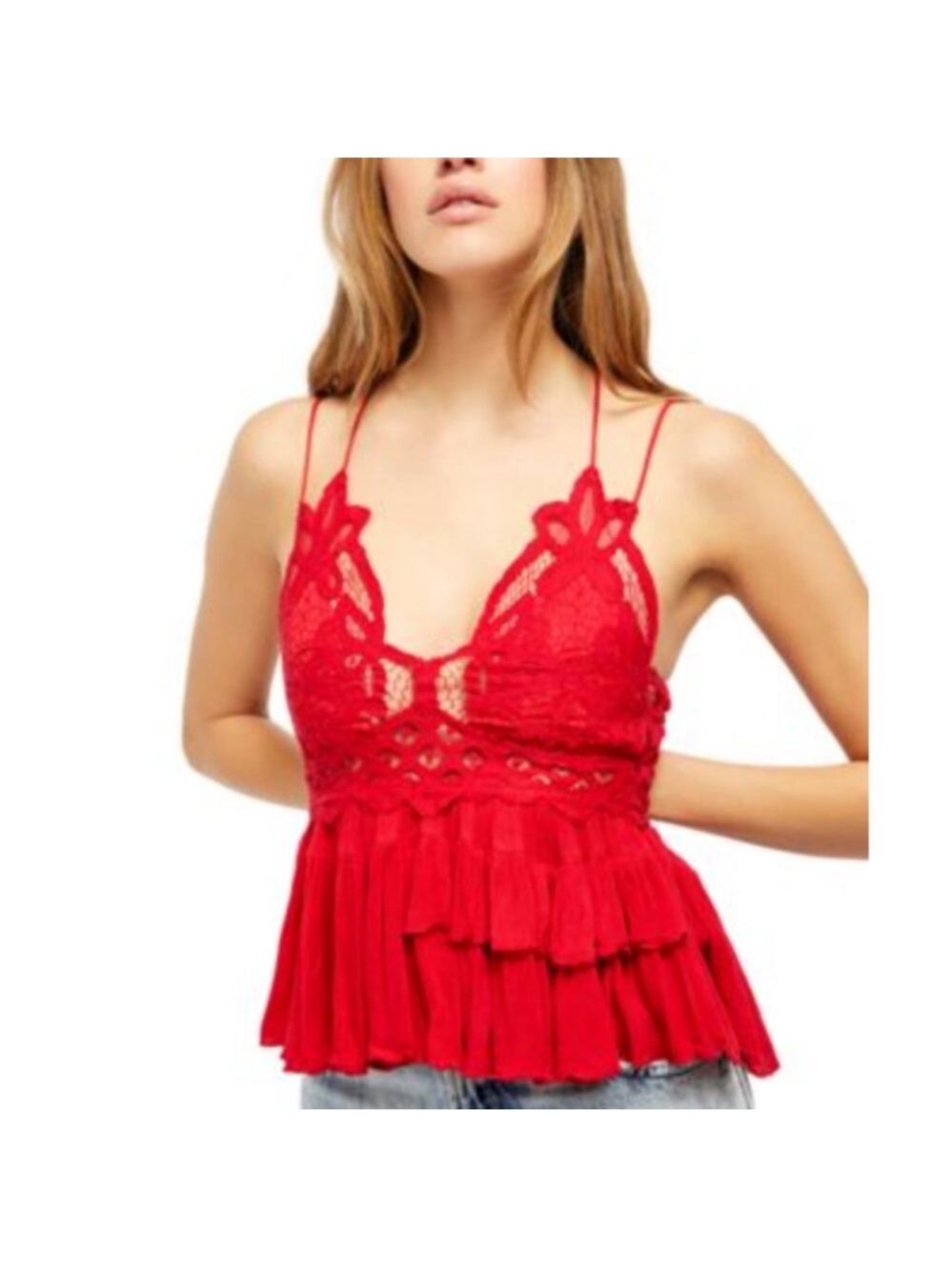 Free People Intimately Adella Red Lace Peplum Camisole Women's Size Medium